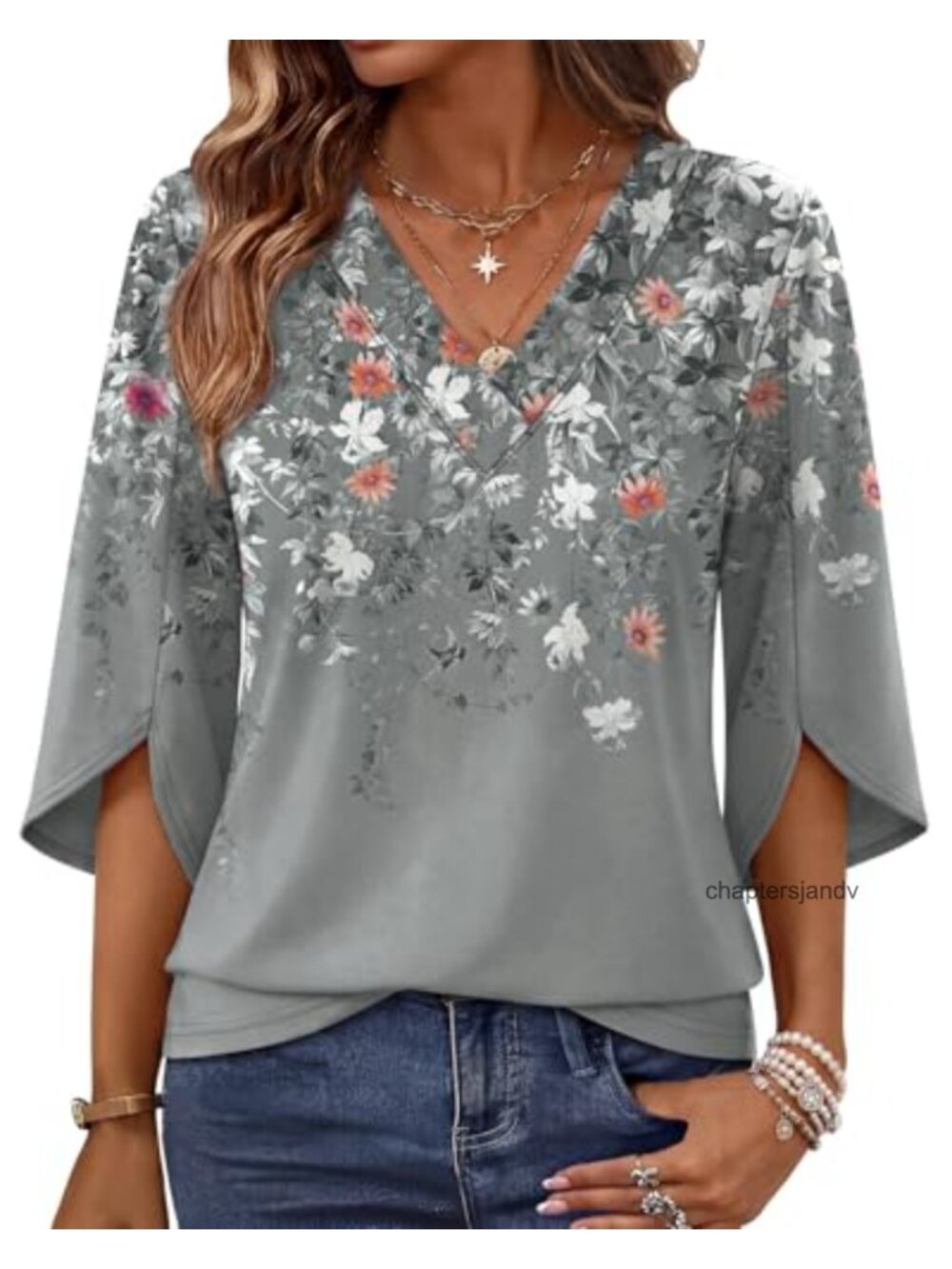 Women's V-Neck Bell Sleeve Blouse Top Flowy 3/4 Sleeve Dressy Casual